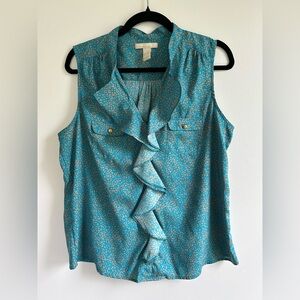 Banana Republic Factory Teal & tan leopard print ruffle sleeveless blouse (M)